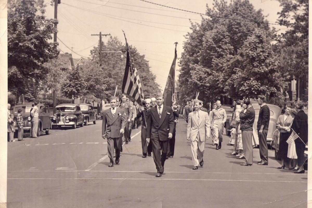 Memorial Day Parade 1950 coming up tree lined Maple Ave.