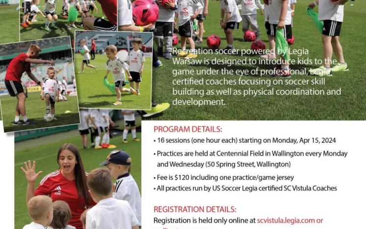Registration is open for Wallington Recreation's Spring REC soccer clinics by SC Vistula / Legia Warsaw.